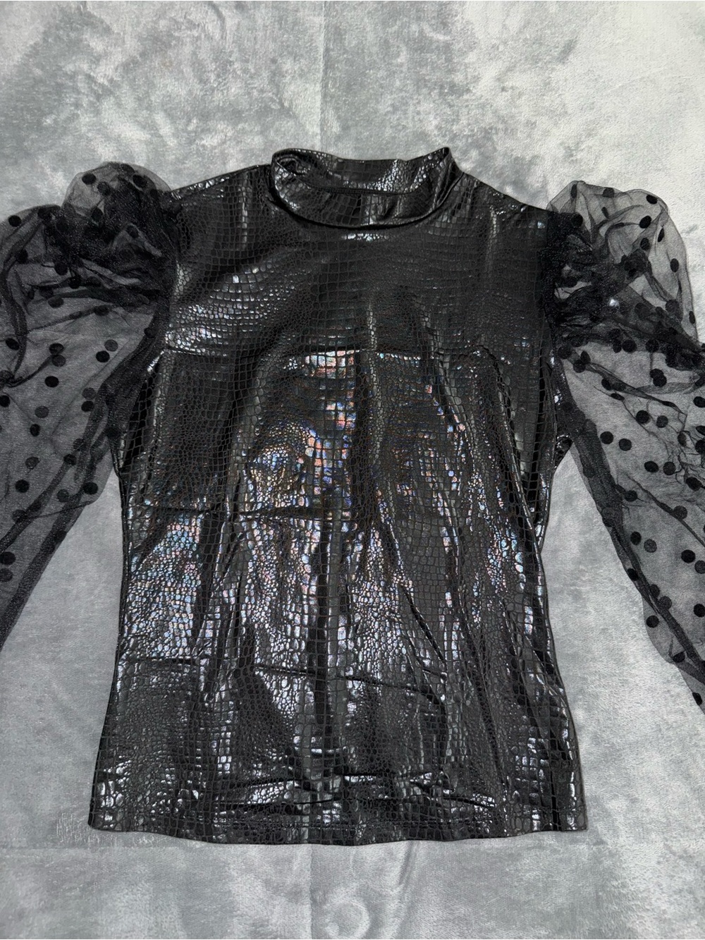 Black Faux Croc Puff-Sleeve Top